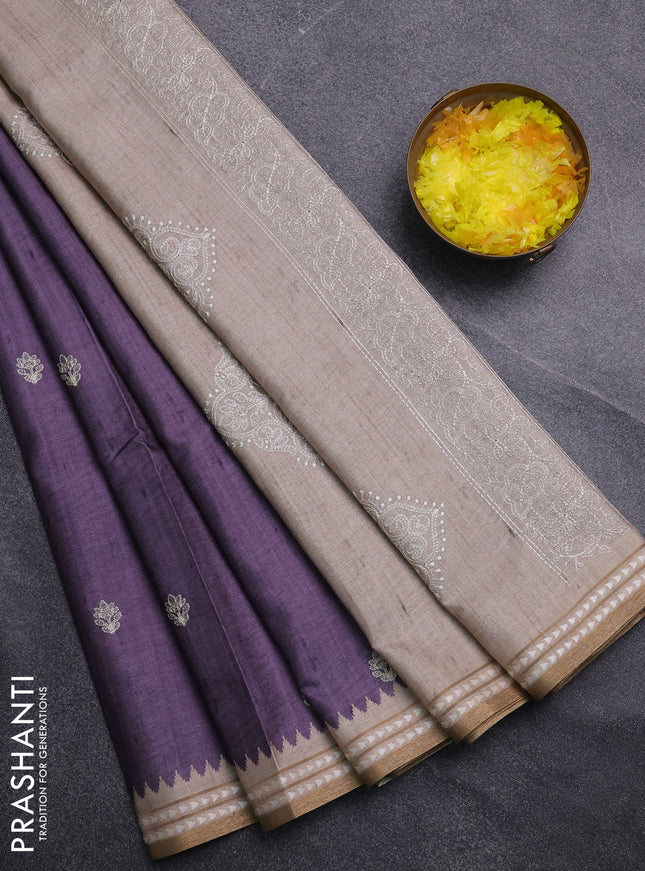 Art tussar saree pastel purple and beige with embroidery buttas and temple design thread woven border