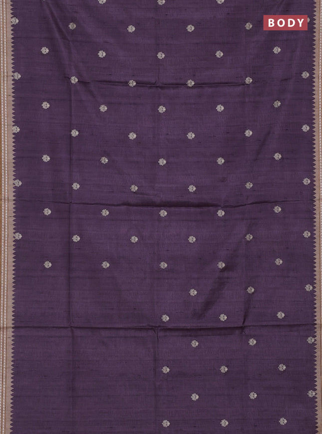 Art tussar saree pastel purple and beige with embroidery buttas and temple design thread woven border