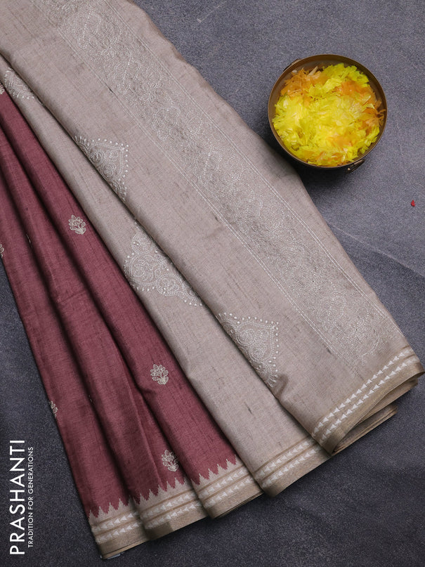 Art tussar saree pastel maroon and beige with embroidery buttas and temple design thread woven border