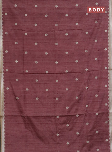 Art tussar saree pastel maroon and beige with embroidery buttas and temple design thread woven border