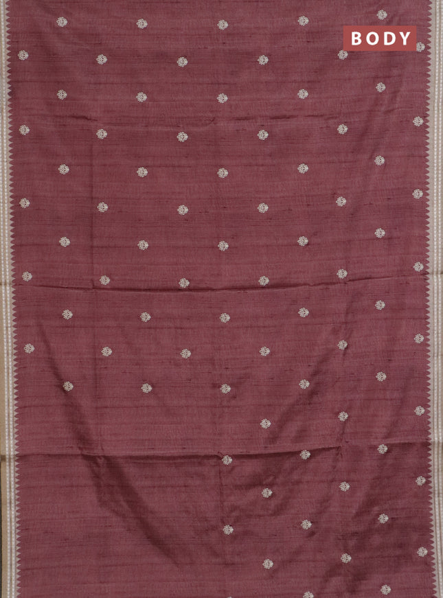 Art tussar saree pastel maroon and beige with embroidery buttas and temple design thread woven border