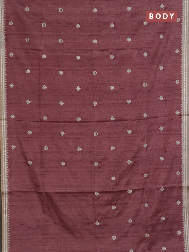 Art tussar saree pastel maroon and beige with embroidery buttas and temple design thread woven border