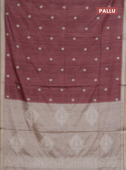 Art tussar saree pastel maroon and beige with embroidery buttas and temple design thread woven border