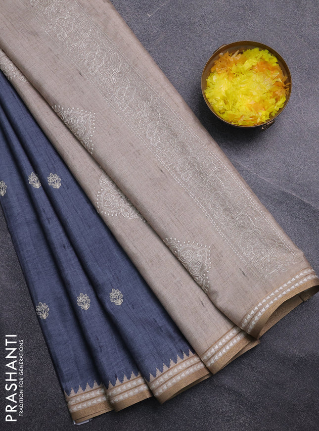 Art tussar saree grey and beige with embroidery buttas and temple design thread woven border