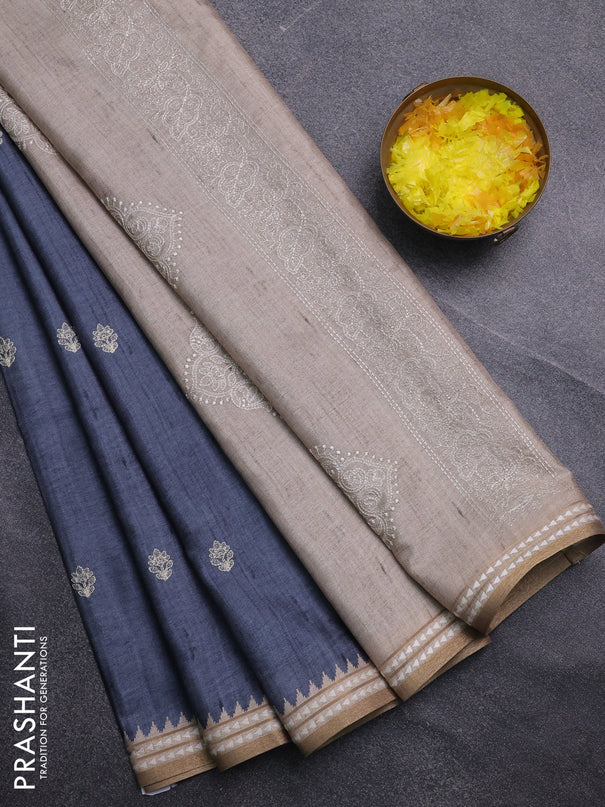 Art tussar saree grey and beige with embroidery buttas and temple design thread woven border