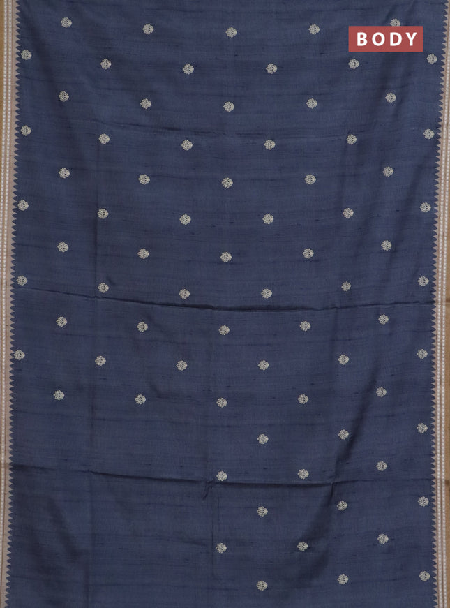 Art tussar saree grey and beige with embroidery buttas and temple design thread woven border