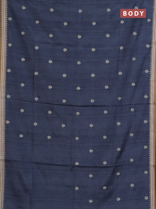 Art tussar saree grey and beige with embroidery buttas and temple design thread woven border