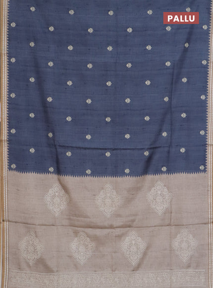 Art tussar saree grey and beige with embroidery buttas and temple design thread woven border