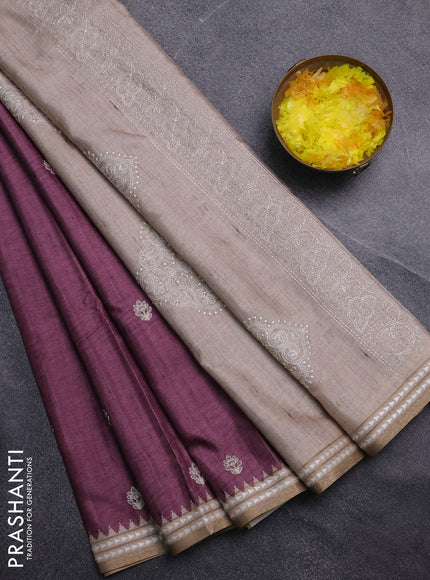 Art tussar saree wine shade and beige with embroidery buttas and temple design thread woven border