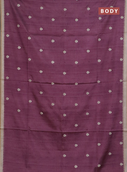 Art tussar saree wine shade and beige with embroidery buttas and temple design thread woven border
