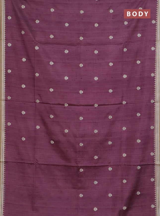 Art tussar saree wine shade and beige with embroidery buttas and temple design thread woven border