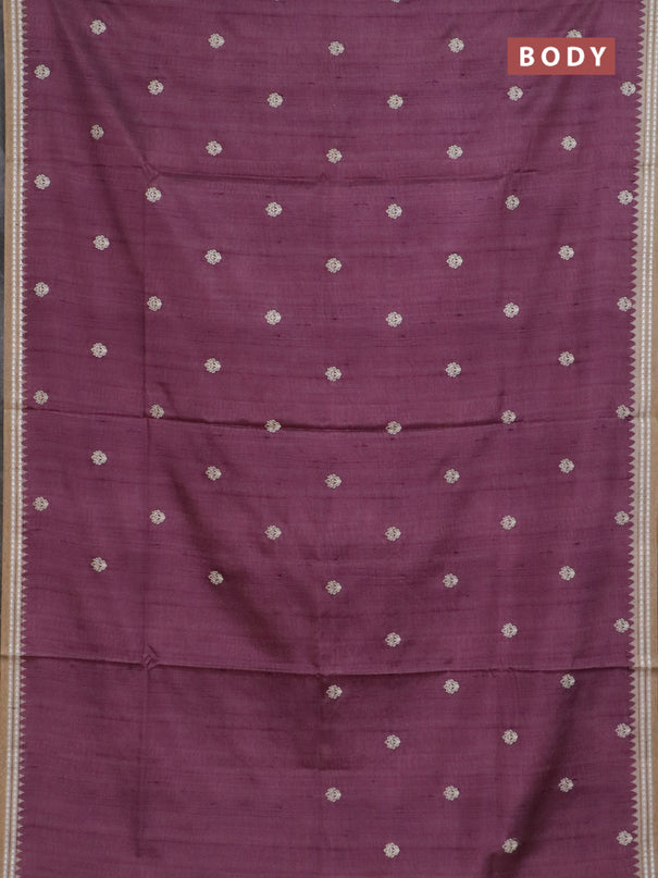 Art tussar saree wine shade and beige with embroidery buttas and temple design thread woven border