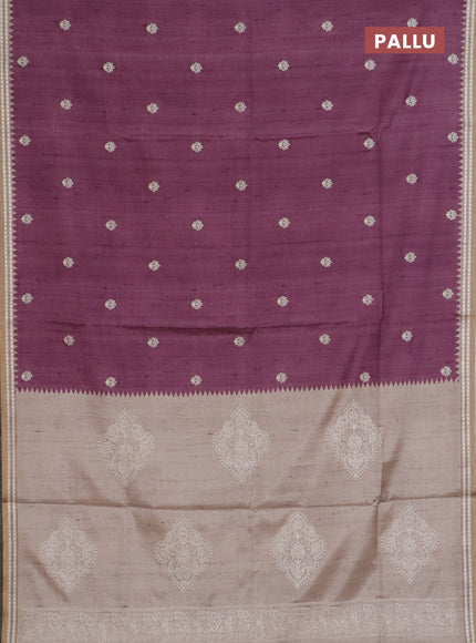 Art tussar saree wine shade and beige with embroidery buttas and temple design thread woven border