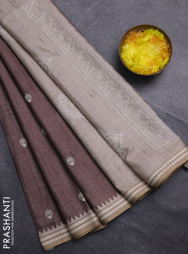 Art tussar saree brown and beige with embroidery buttas and temple design thread woven border