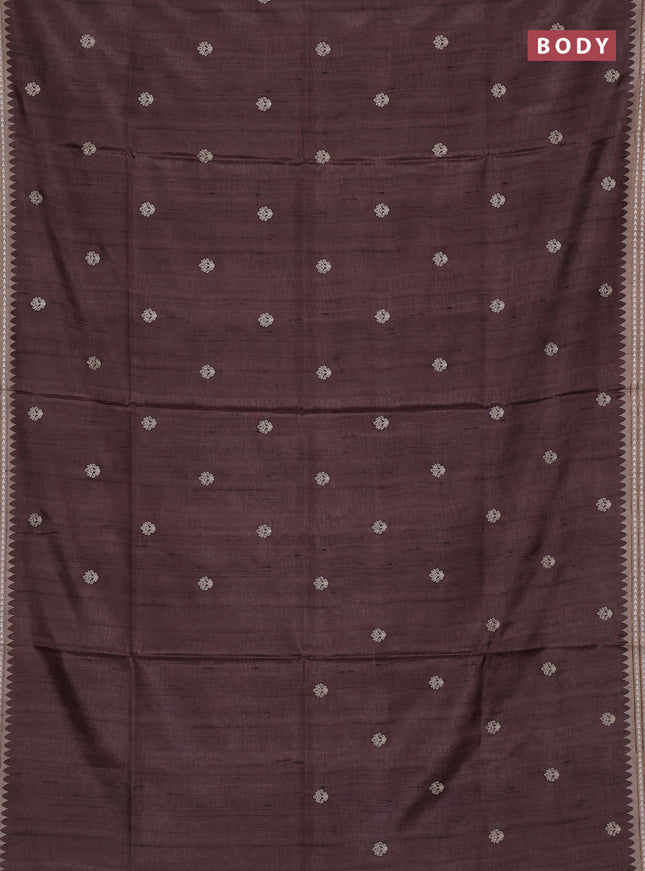 Art tussar saree brown and beige with embroidery buttas and temple design thread woven border