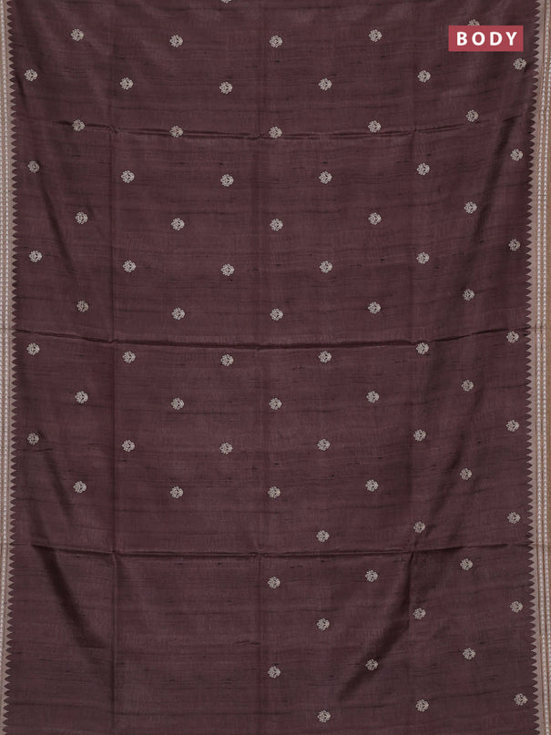 Art tussar saree brown and beige with embroidery buttas and temple design thread woven border