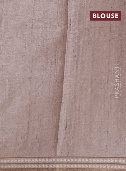 Art tussar saree brown and beige with embroidery buttas and temple design thread woven border