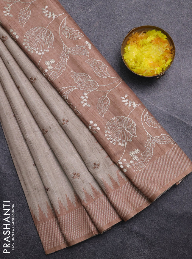 Art tussar saree beige and sandal with embroidery buttas and temple design thread woven border