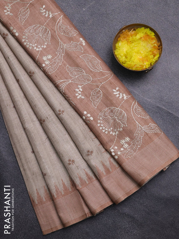 Art tussar saree beige and sandal with embroidery buttas and temple design thread woven border