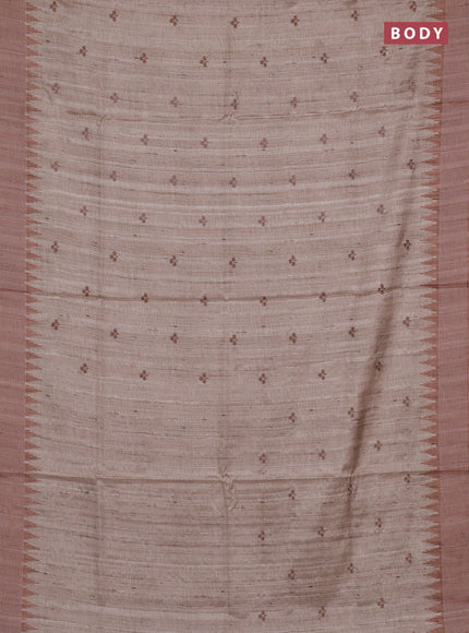 Art tussar saree beige and sandal with embroidery buttas and temple design thread woven border