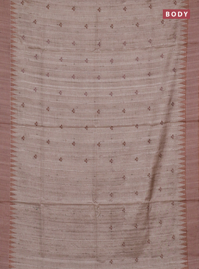 Art tussar saree beige and sandal with embroidery buttas and temple design thread woven border