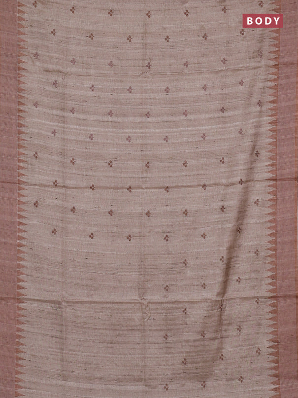 Art tussar saree beige and sandal with embroidery buttas and temple design thread woven border
