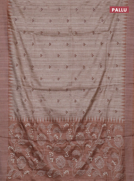 Art tussar saree beige and sandal with embroidery buttas and temple design thread woven border