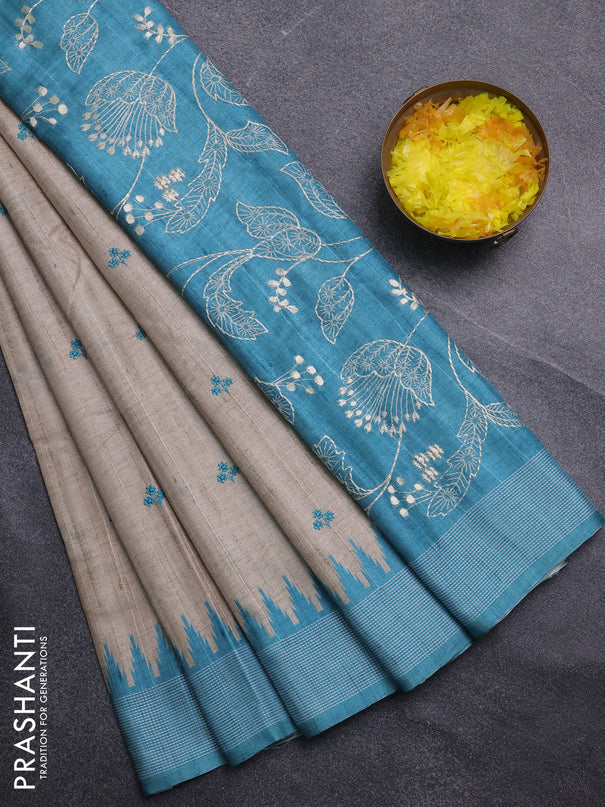 Art tussar saree beige and teal blue with embroidery buttas and temple design thread woven border
