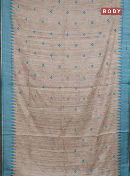 Art tussar saree beige and teal blue with embroidery buttas and temple design thread woven border