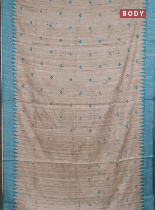 Art tussar saree beige and teal blue with embroidery buttas and temple design thread woven border