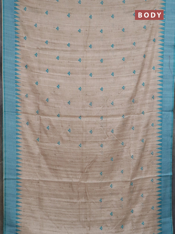 Art tussar saree beige and teal blue with embroidery buttas and temple design thread woven border