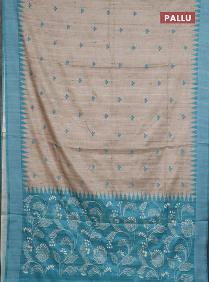 Art tussar saree beige and teal blue with embroidery buttas and temple design thread woven border