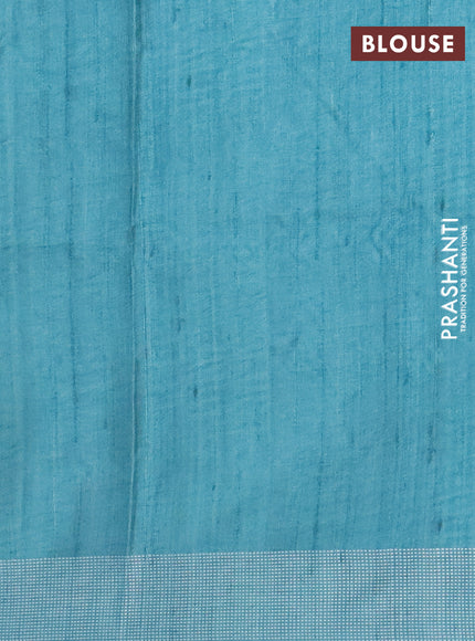 Art tussar saree beige and teal blue with embroidery buttas and temple design thread woven border