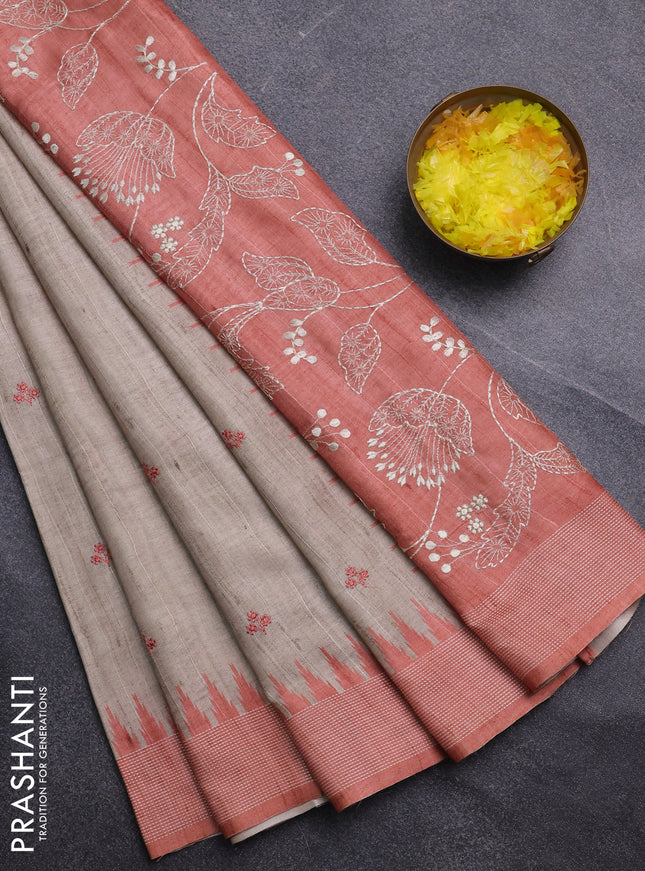 Art tussar saree beige and orange with embroidery buttas and temple design thread woven border