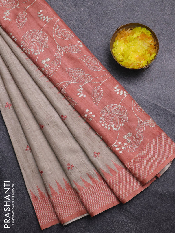 Art tussar saree beige and orange with embroidery buttas and temple design thread woven border