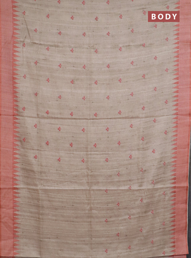 Art tussar saree beige and orange with embroidery buttas and temple design thread woven border