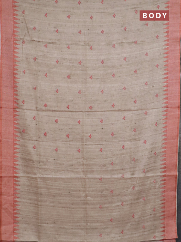 Art tussar saree beige and orange with embroidery buttas and temple design thread woven border