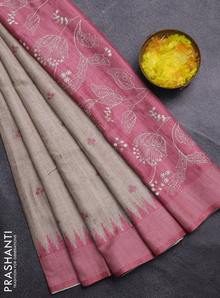 Art tussar saree beige and peach pink with embroidery buttas and temple design thread woven border