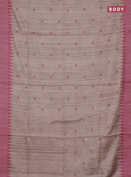 Art tussar saree beige and peach pink with embroidery buttas and temple design thread woven border