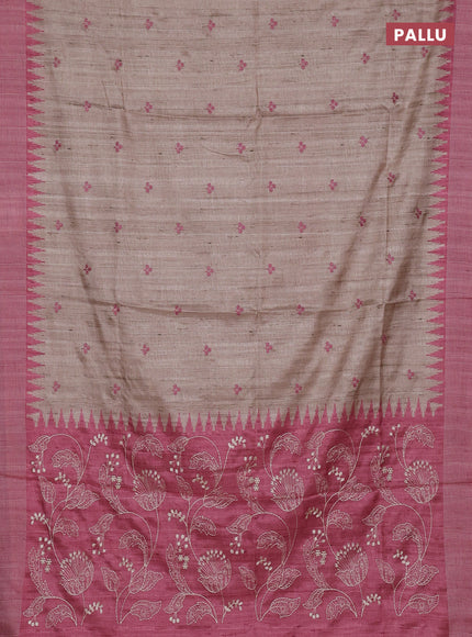Art tussar saree beige and peach pink with embroidery buttas and temple design thread woven border