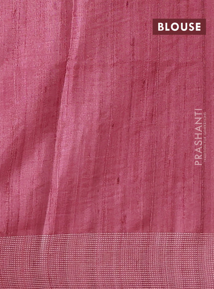 Art tussar saree beige and peach pink with embroidery buttas and temple design thread woven border