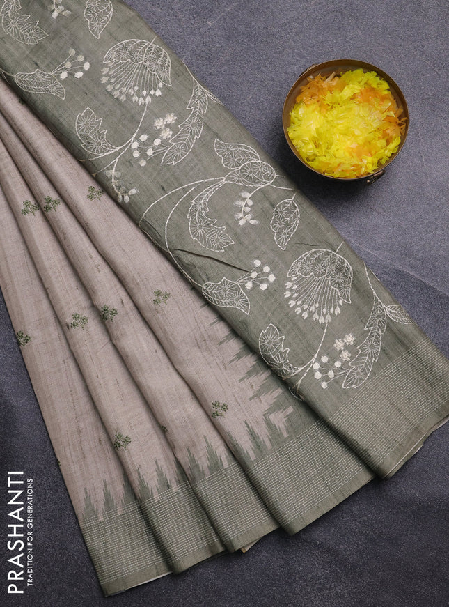Art tussar saree beige and pastel green with embroidery buttas and temple design thread woven border