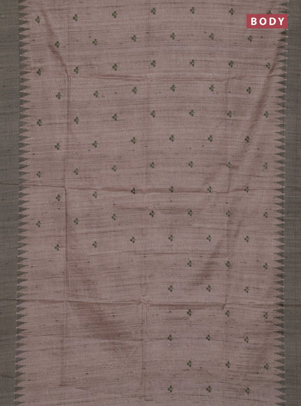 Art tussar saree beige and pastel green with embroidery buttas and temple design thread woven border