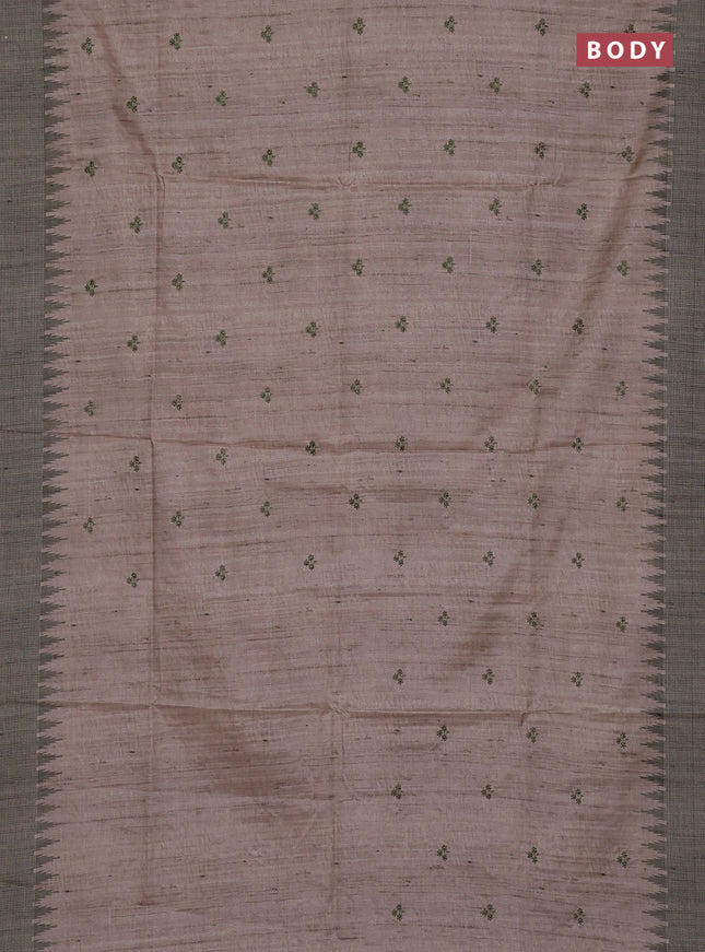 Art tussar saree beige and pastel green with embroidery buttas and temple design thread woven border