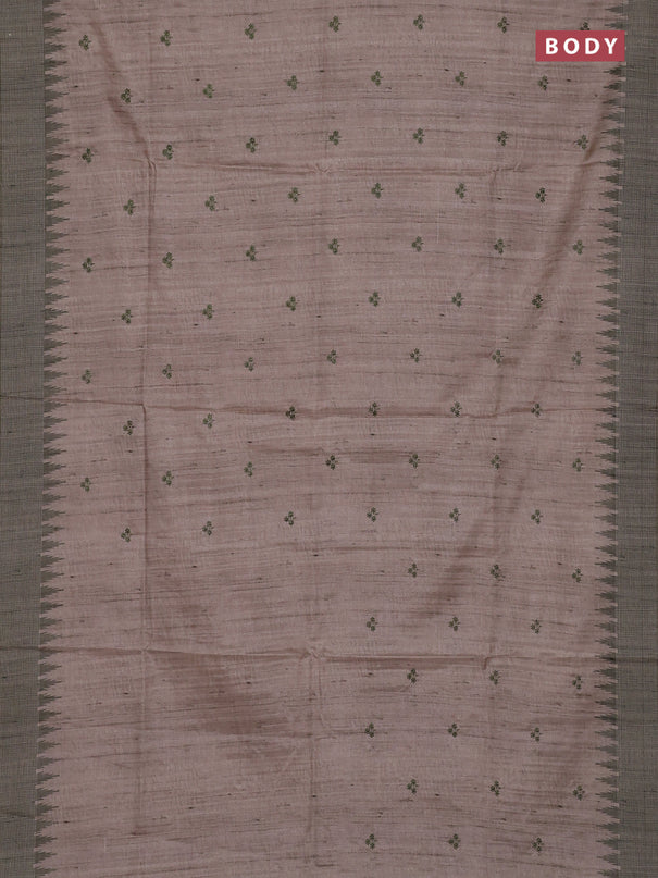 Art tussar saree beige and pastel green with embroidery buttas and temple design thread woven border