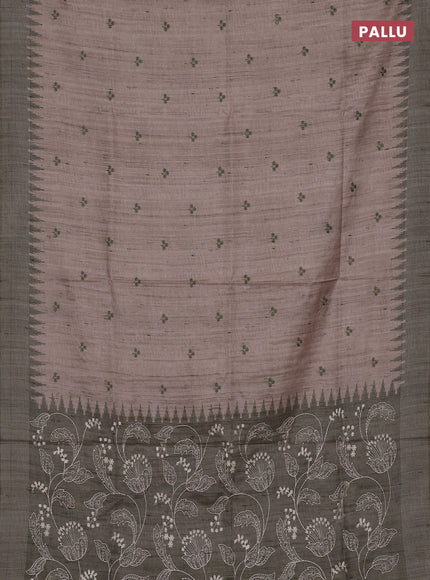 Art tussar saree beige and pastel green with embroidery buttas and temple design thread woven border