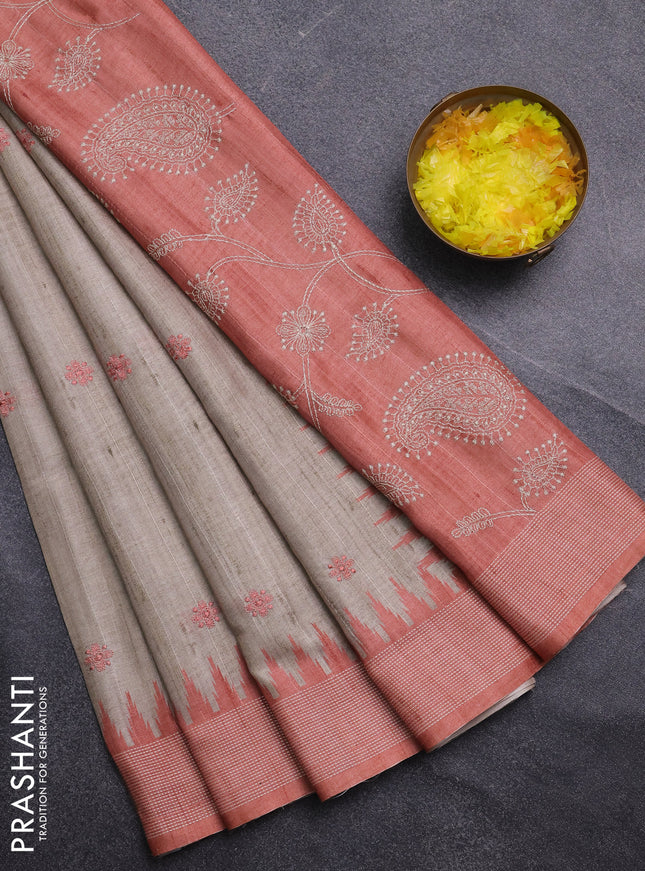 Art tussar saree beige and orange with embroidery buttas and temple design thread woven border