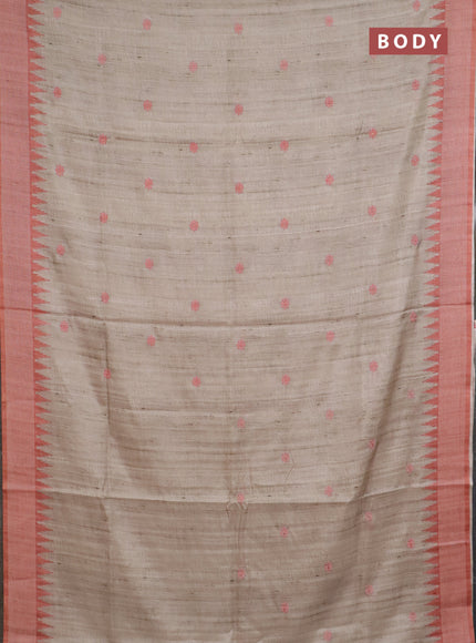 Art tussar saree beige and orange with embroidery buttas and temple design thread woven border