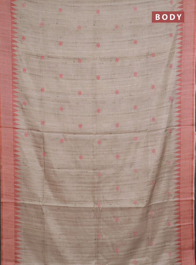 Art tussar saree beige and orange with embroidery buttas and temple design thread woven border