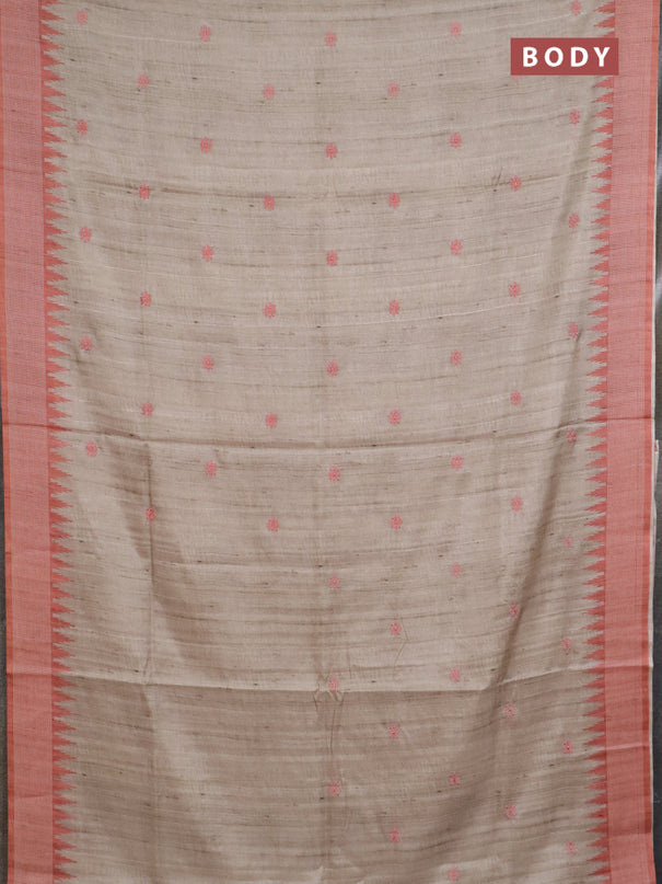 Art tussar saree beige and orange with embroidery buttas and temple design thread woven border